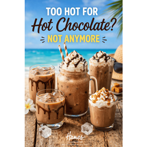 Iced hot chocolate drinks topped with whipped cream and chocolate, perfect for summer