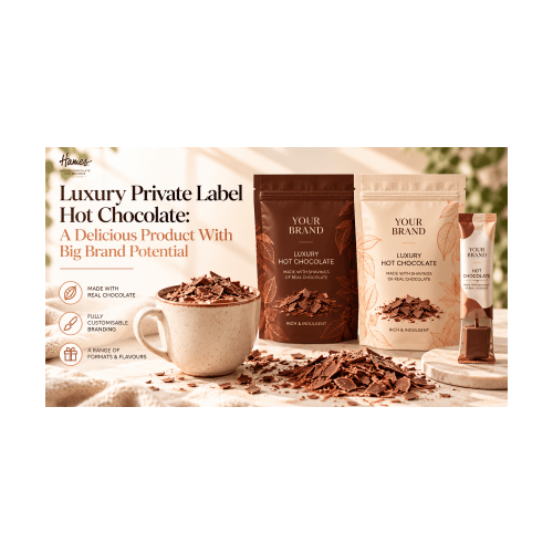 Luxury private label hot chocolate with branded pouches, chocolate shavings and hot chocolate bombe