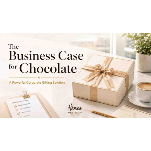 Luxury branded chocolate gift box with ribbon and coffee on a bright office desk for corporate gifting
