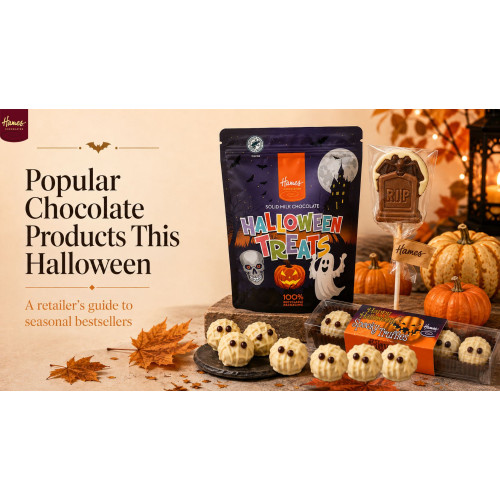 A pouch of chocolate halloween treats along with ghostly truffles and a lollipop tombstone