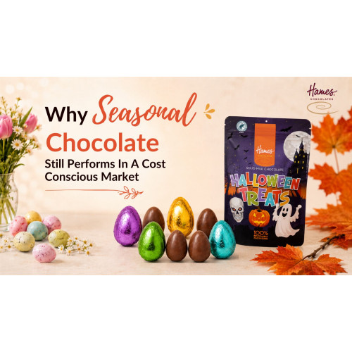 Seasonal chocolate products for Easter, Halloween and Christmas displayed for a B2B chocolate manufacturing blog