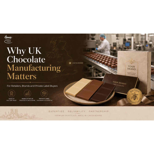 White, milk and dark chocolate slabs representing UK chocolate manufacturing for retailers, brands and private label buyers