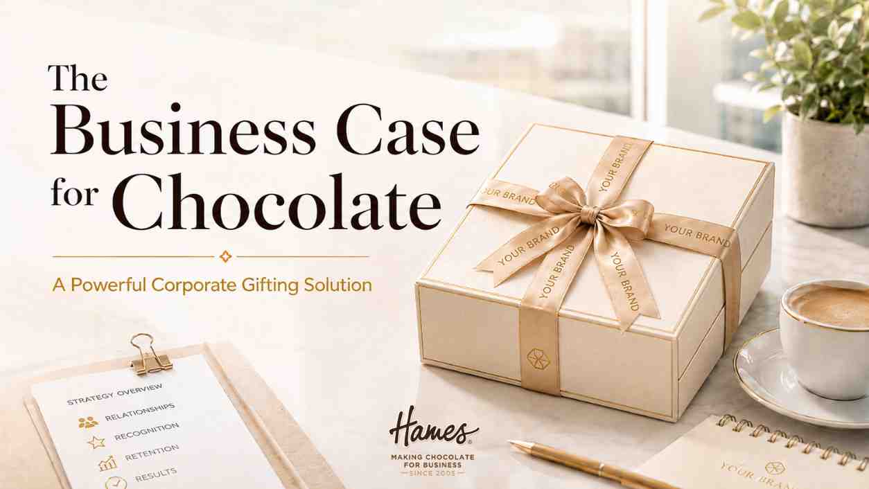 Luxury branded chocolate gift box with ribbon and coffee on a bright office desk for corporate gifting