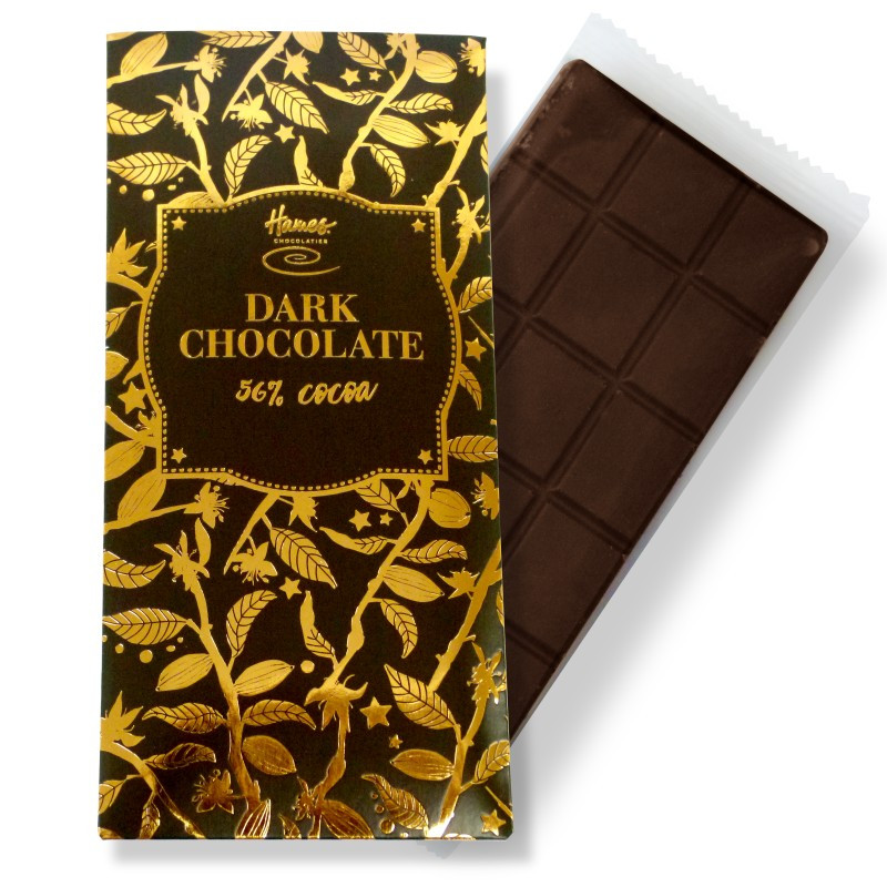 Vegan friendly, rich, dark chocolate bar with 56% cocoa solids from Hames Chocolates Bronze collection.