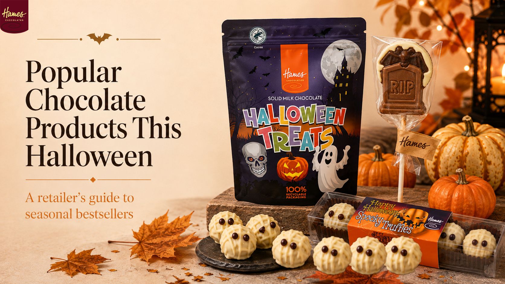 A pouch of chocolate halloween treats along with ghostly truffles and a lollipop tombstone