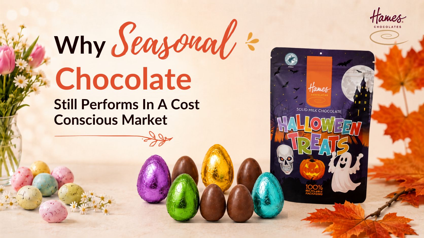 Seasonal chocolate products for Easter, Halloween and Christmas displayed for a B2B chocolate manufacturing blog