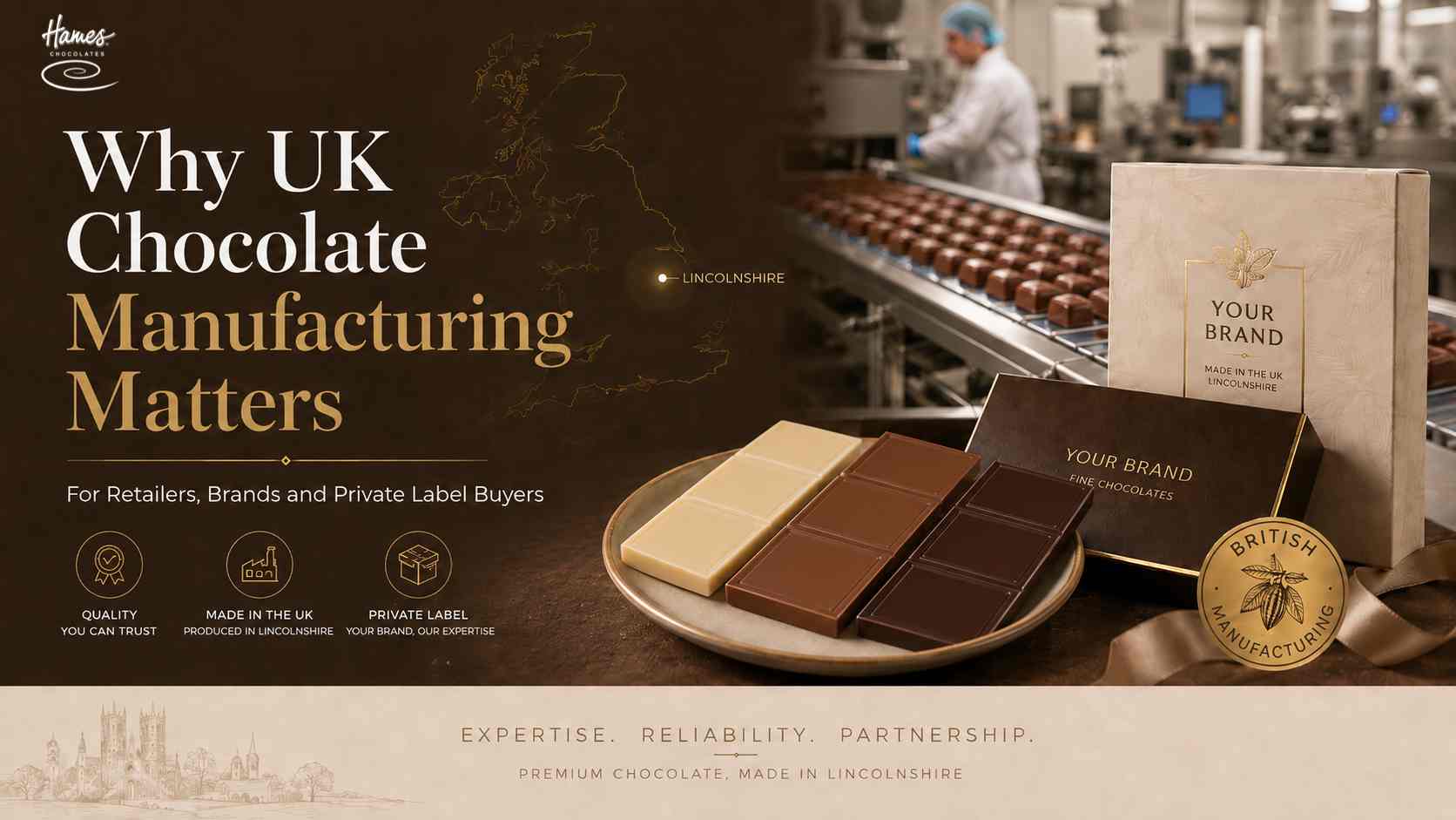 White, milk and dark chocolate slabs representing UK chocolate manufacturing for retailers, brands and private label buyers
