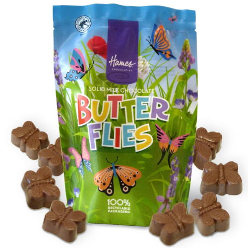 Hames - Solid Milk Chocolate Shaped Butterflies RA MB Cocoa & 100% Recyclable Pouch 100g
