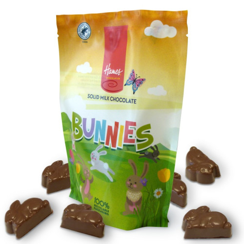 Hames - Solid Milk Chocolate Shaped Bunnies RA MB Cocoa & 100% Recyclable Pouch 100g