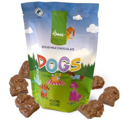 Hames - Solid Milk Chocolate Shaped Dogs RA MB Cocoa & 100% Recyclable Pouch 100g