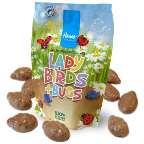 Hames - Solid Milk Chocolate Shaped Ladybirds & Bugs RA MB Cocoa & 100% Recyclable Pouch 100g