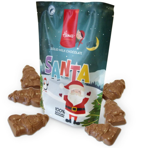 Hames - Solid Milk Chocolate Shaped Santa RA MB Cocoa & 100% Recyclable Pouch 100g