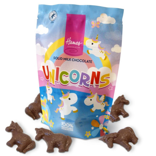 Hames - Solid Milk Chocolate Shaped Unicorns RA MB Cocoa & 100 % Recyclable Pouch 100g