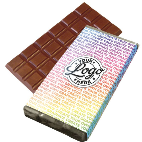 Promotional - 100g Milk Chocolate Bar Wrapped in Silver Foil Finished with a Full Colour Printed Wrapper
