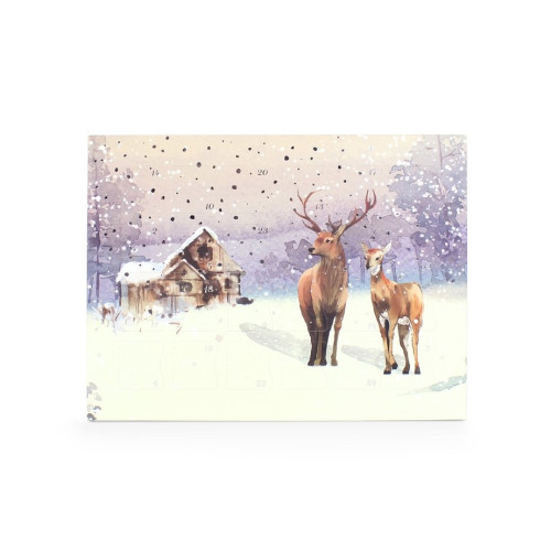 Enchanting Snowy Reindeer Scene Finished with Metallic Silver Detailing 24 Door Deluxe Advent Countdown Calendar