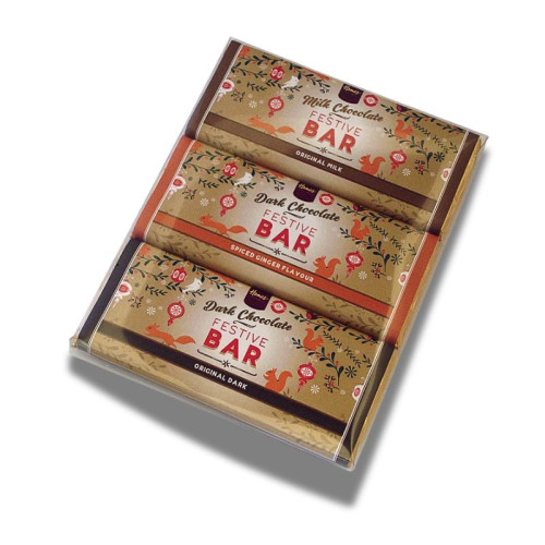 Festive Christmas - Trio of 50g Milk Chocolate, Dark Chocolate, Dark Spiced Ginger Chocolate 50g Bar Wrapped in Gold Foil and Finished with a Festive Wrapper