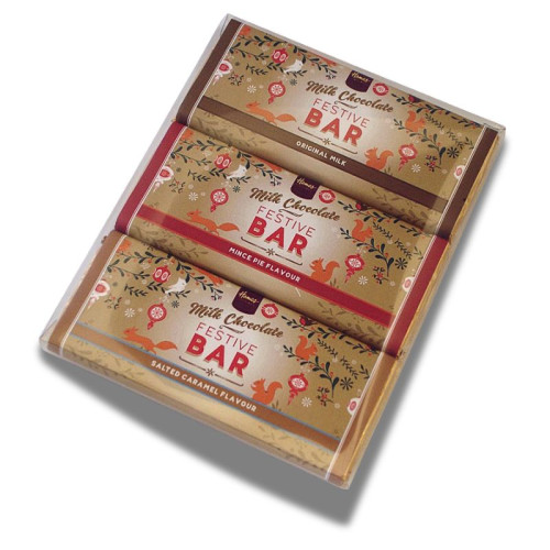 Festive Christmas - Trio of 50g Milk Chocolate, Mince Pie Flavour, Salted Caramel Chocolate Bar Wrapped in Gold Foil and Finished with a Festive Wrapper
