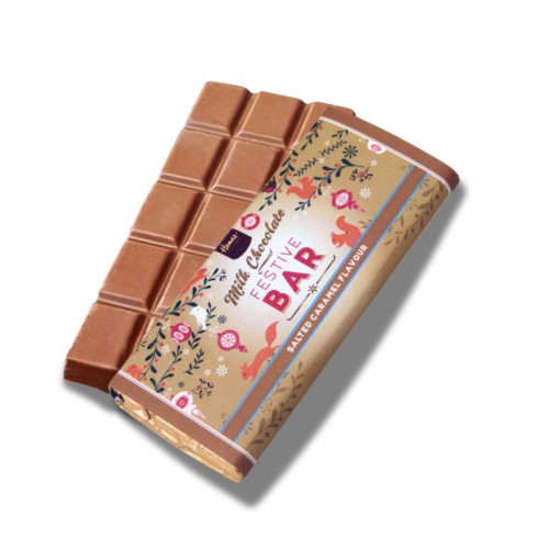 Festive Christmas - Milk Chocolate Salted Caramel 50g Bar Wrapped in Gold Foil and Finished with a Festive Wrapper