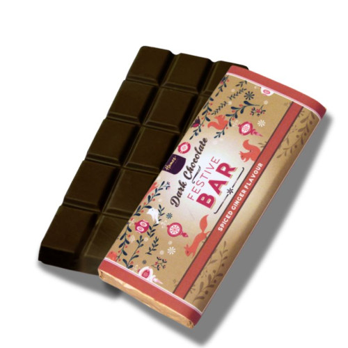 Festive Christmas - Dark Chocolate & Spiced Ginger 50g Bar Wrapped in Gold Foil and Finished with a Festive Wrapper