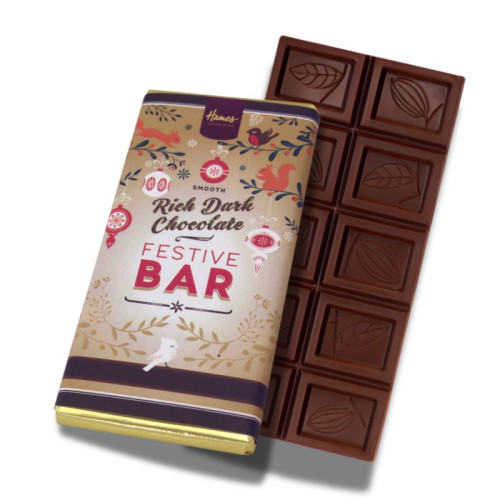 Festive Christmas - Rich Dark Chocolate 60g Bar Wrapped in Gold Foil and Finished with a Festive Wrapper