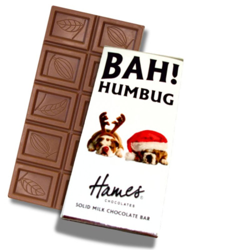 Christmas Novelties - Milk Chocolate Chocolate 60g Bar Wrapped in Silver Foil Finished with a Bah! Humbug Wrapper