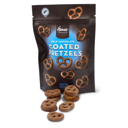 Hames Everyday Chocolate Munch Pouch - Milk Chocolate Coated Pretzels Rainforest Alliance MB Cocoa & 100 % Recyclable Pouch 100g