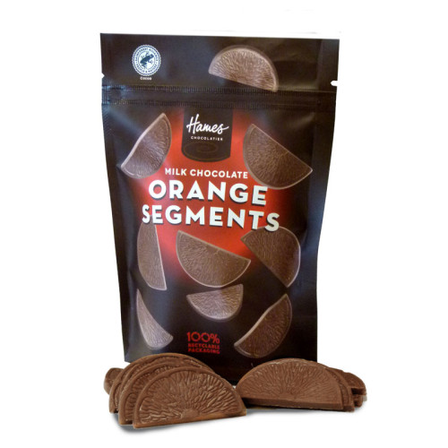 Hames Everyday Chocolate Munch Pouch - Milk Chocolate Orange Slices Rainforest Alliance MB Cocoa & 100 % Recyclable Pouch 100g