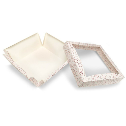 Extra Large Patisserie Cake Box with Heart Design - Single Wall Base & Fold-Up Window Lid 230mm x 230mm x 100mm Self-assemble