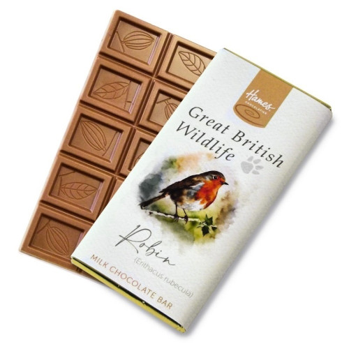 Great British Wildlife RA MB Milk Chocolate 60g Bar Wrapped in Gold Foil with a Red Robin Watercolour Design