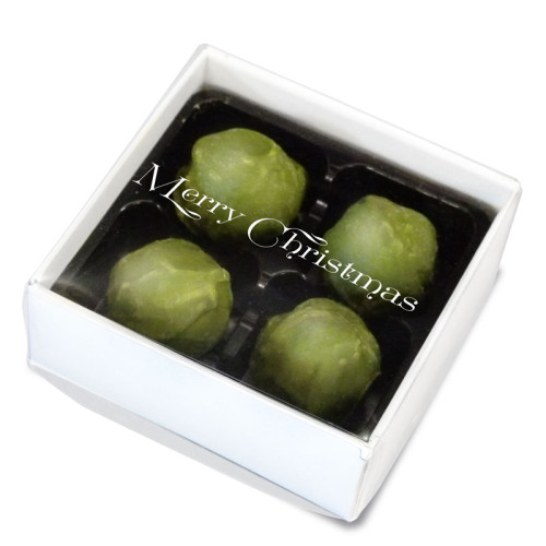 Hames - Luxury Box of 4 Christmas Sprout Truffles Presented In A White Box Finished With A Clear PVC With Merry Christmas Print On Lid