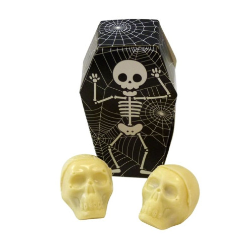 Halloween 2 White Chocolate Spooky Skulls Oozing with a Red Caramel "Blood" Filling Resting in a Black Coffin Shaped Box