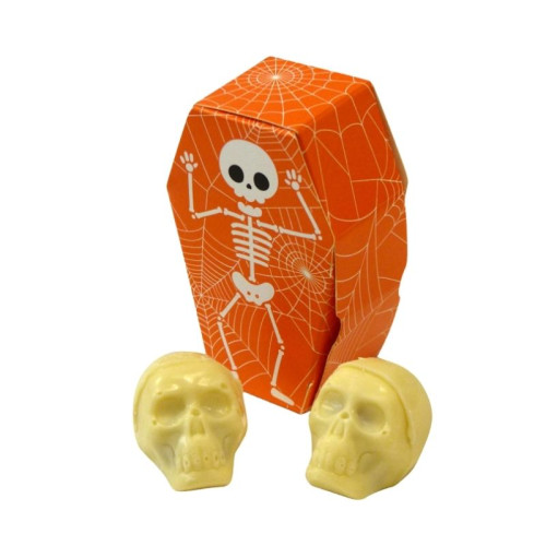 Halloween 2 White Chocolate Spooky Skulls Oozing with a Red Caramel "Blood" Filling Resting in an Orange Coffin Shaped Box