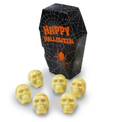 Halloween 6 White Chocolate Spooky Skulls Oozing with a Red Caramel "Blood" Filling Resting in a Black Coffin Shaped Box