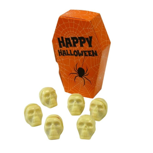 Halloween 6 White Chocolate Spooky Skulls Oozing with a Red Caramel "Blood" Filling Resting in an Orange Coffin Shaped Box