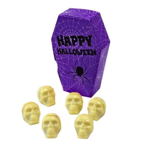 Halloween 6 White Chocolate Spooky Skulls Oozing with a Red Caramel "Blood" Filling Resting in a Purple Coffin