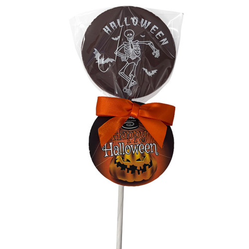 Halloween Milk Chocolate Lolly with a Dancing Skeleton Design Finished with a with a Swing Tag & Orange Twist Tie Bow