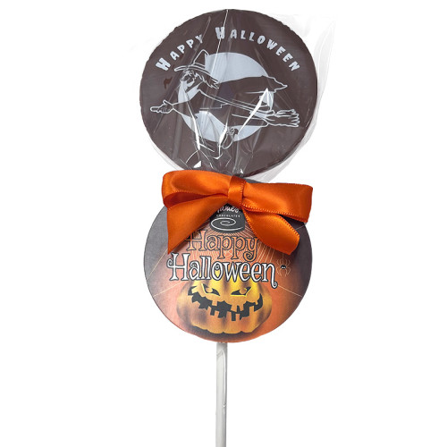 Halloween Milk Chocolate Lolly with a Witch on a Broom Design Finished with a with a Swing Tag & Orange Twist Tie Bow