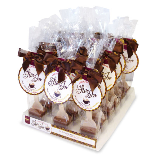 Hames - Milk Chocolate with Caramel Flavour Hot Chocolate Stirrer 35g Brown Twist Tie Bow & Swing Tag x Outer of 18 
