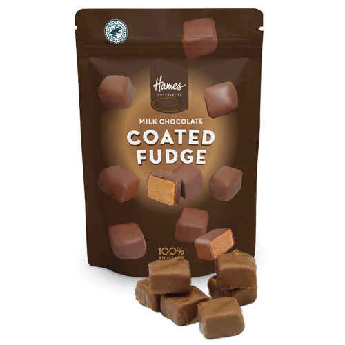 Hames Everyday Chocolate Munch Pouch - Milk Chocolate Coated Fudge Rainforest Alliance MB Cocoa & 100 % Recyclable Pouch 100g