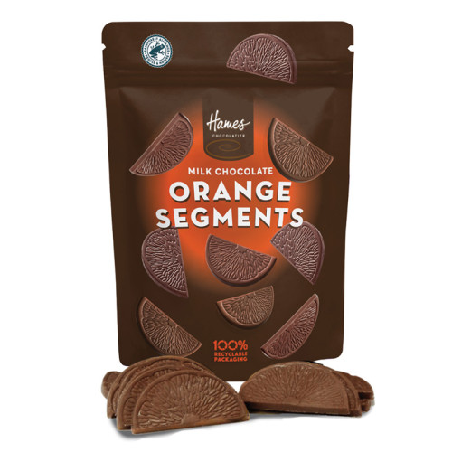 Hames Everyday Chocolate Munch Pouch - Milk Chocolate Orange Slices Rainforest Alliance MB Cocoa & 100 % Recyclable Pouch 100g