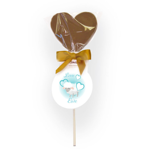 Hames - Milk Chocolate Heart Lollipop Finished with a Gold Twist Tie Bow and an "Love Ewe" Swing Tag 40g