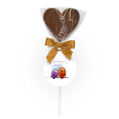 Hames - Milk Chocolate Heart Lollipop Finished with a Gold Twist Tie Bow and an "Owl Always Love You" Swing Tag 40g