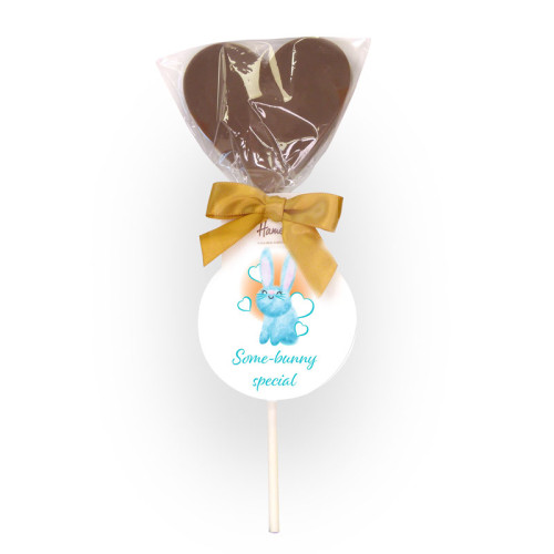 Hames - Milk Chocolate Heart Lollipop Finished with a Gold Twist Tie Bow and an "Some-Bunny Special" Swing Tag 40g