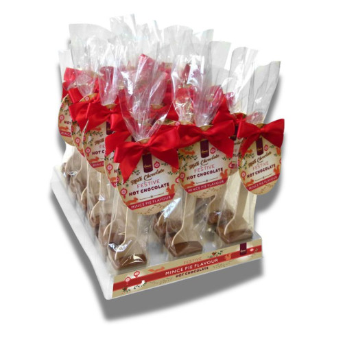 Festive Christmas - Milk Chocolate With Mince Pie Flavouring Hot Chocolate Stirrer With a Red Twist Tie Bow & Festive Christmas Swing Tag