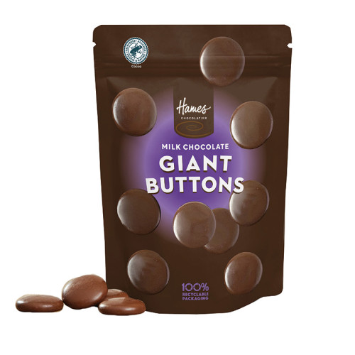 Milk chocolate giant buttons in a 100% recyclable pouch containing 100g of milk chocolate, supplied in shelf ready cases of 9 by Hames Chocolates.