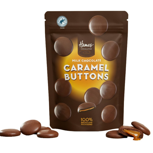 Hames Munch Pouch Milk Chocolate Giant Button with Sticky Caramel Filling RA MB Cocoa
