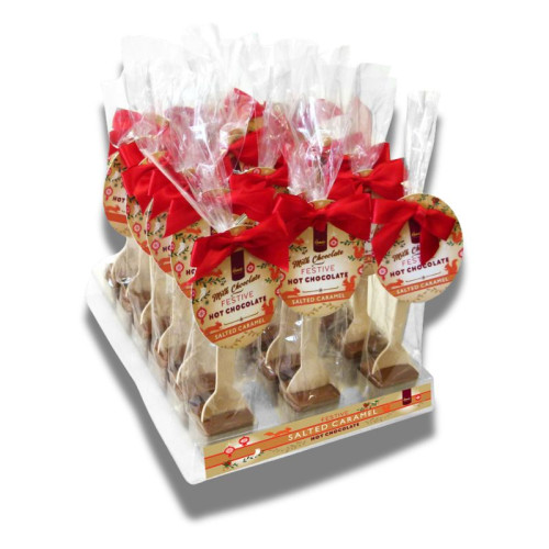 Festive Christmas - Milk Chocolate With Salted Caramel Flavouring Hot Chocolate Stirrer With a Red Twist Tie Bow & Festive Christmas Swing Tag