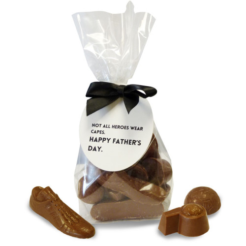 Happy Father's Day Solid Milk Chocolate Football, Whistle & Football Boots Shapes Finished with "Not All Heroes Wear Capes" Swing Tag & Twist Tie Bow 150g