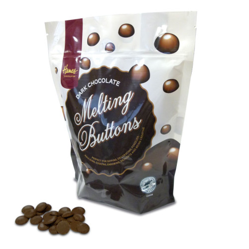 Dark chocolate melting buttons in a 100% recyclable resealable catering pouch containing 1.4kg of dark chocolate, supplied by Hames Chocolates.