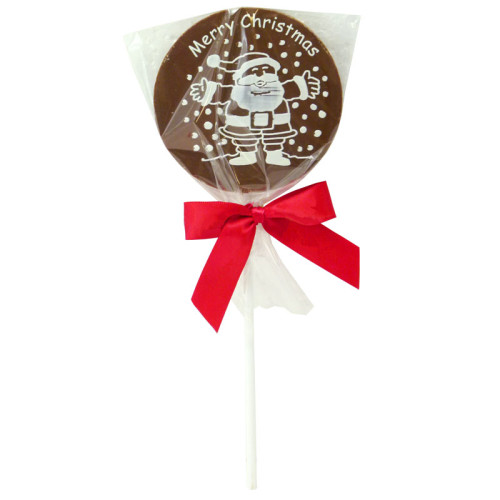 Christmas Jolly Lollies - Milk Chocolate Lolli with a Santa Graphic Design Finished with a Red Twist Tie Bow